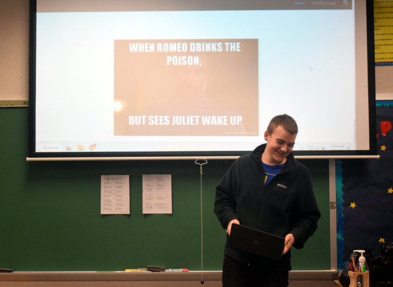 Yarik presenting his Romeo and Juliet slideshow to his English class. (Photo by Mia Torres)