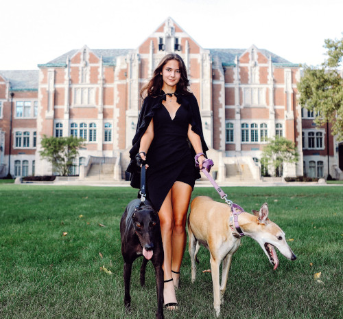 Girl and dogs on campus