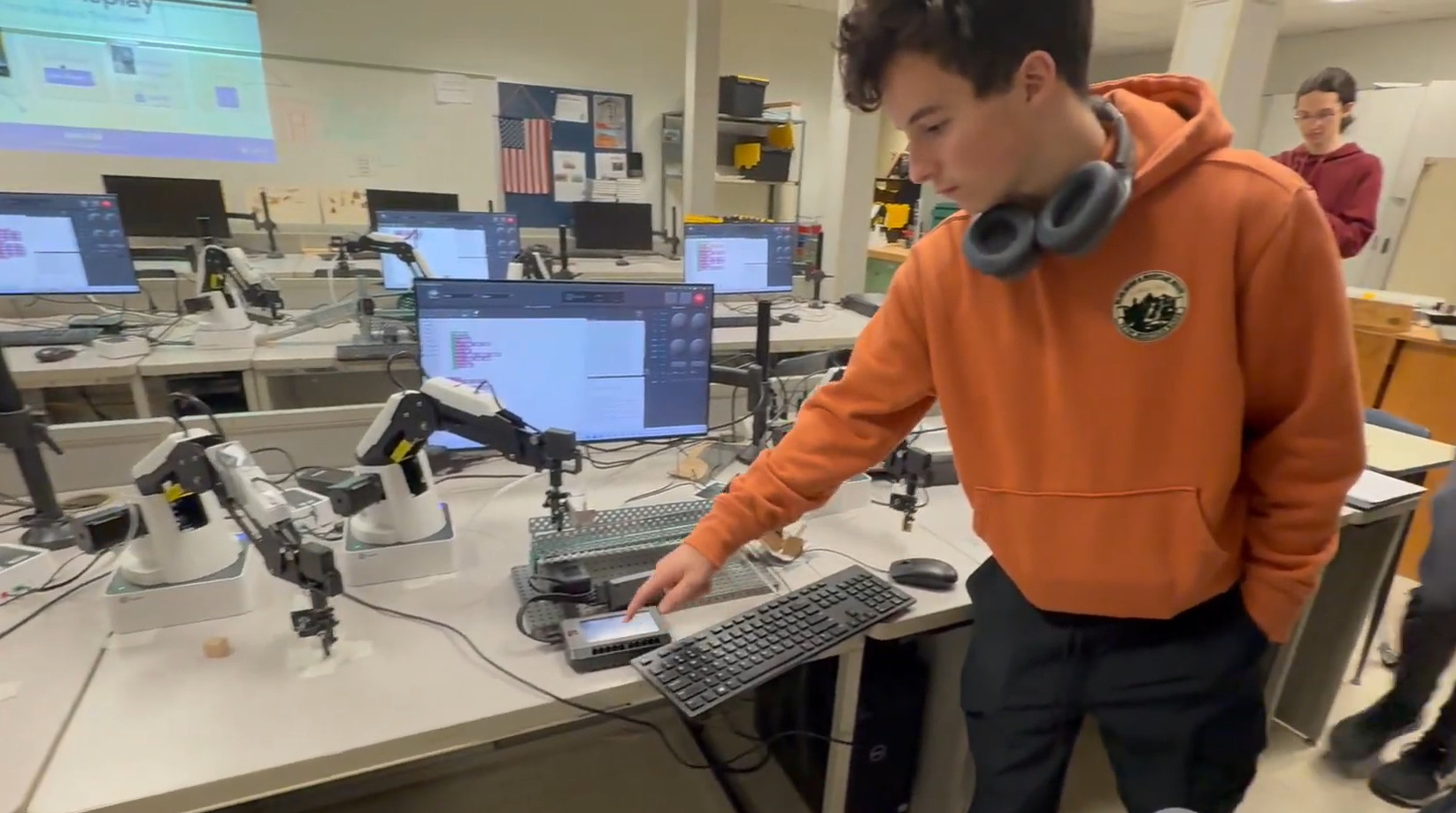 Student with robot
